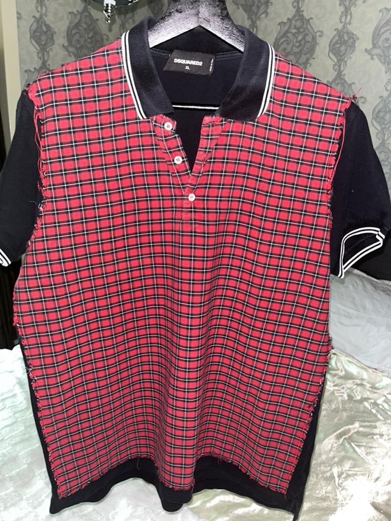 Dsquared2 Tartan Patchwork Polo Rood Zwart  XL. 1x Gedragen, Kleding | Heren, Polo's, Ophalen of Verzenden, Zo goed als nieuw