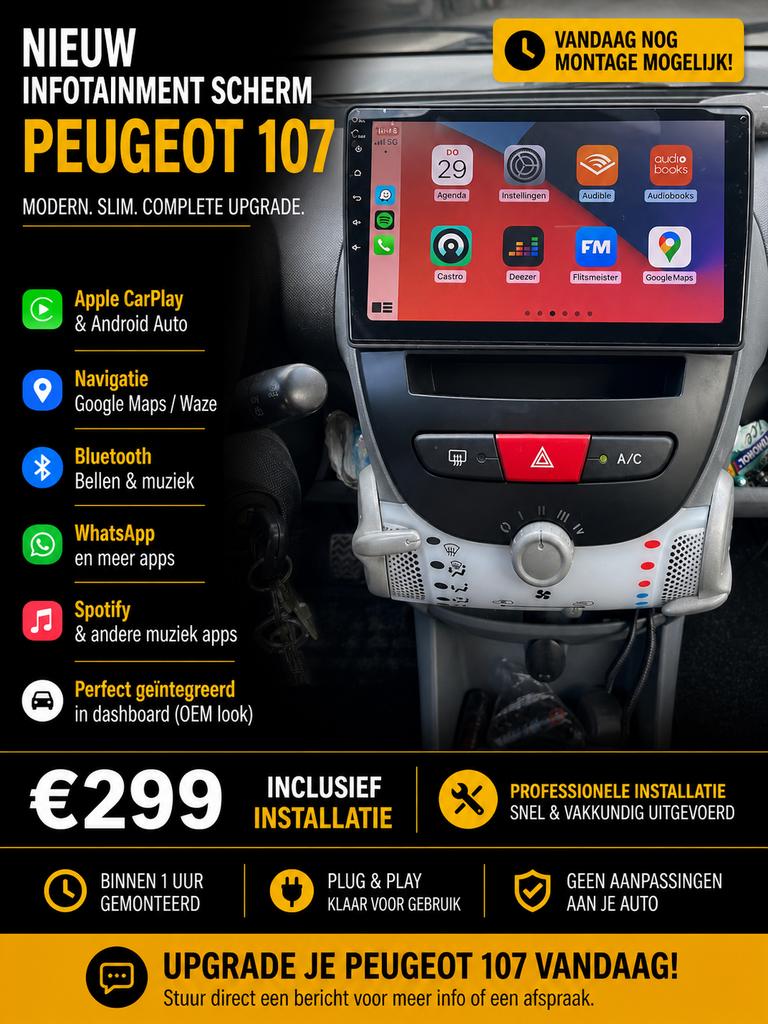 Nieuw Infotainment Scherm Peugeot 107 - CarPlay & Android Au, Auto diversen, Ophalen of Verzenden, Nieuw