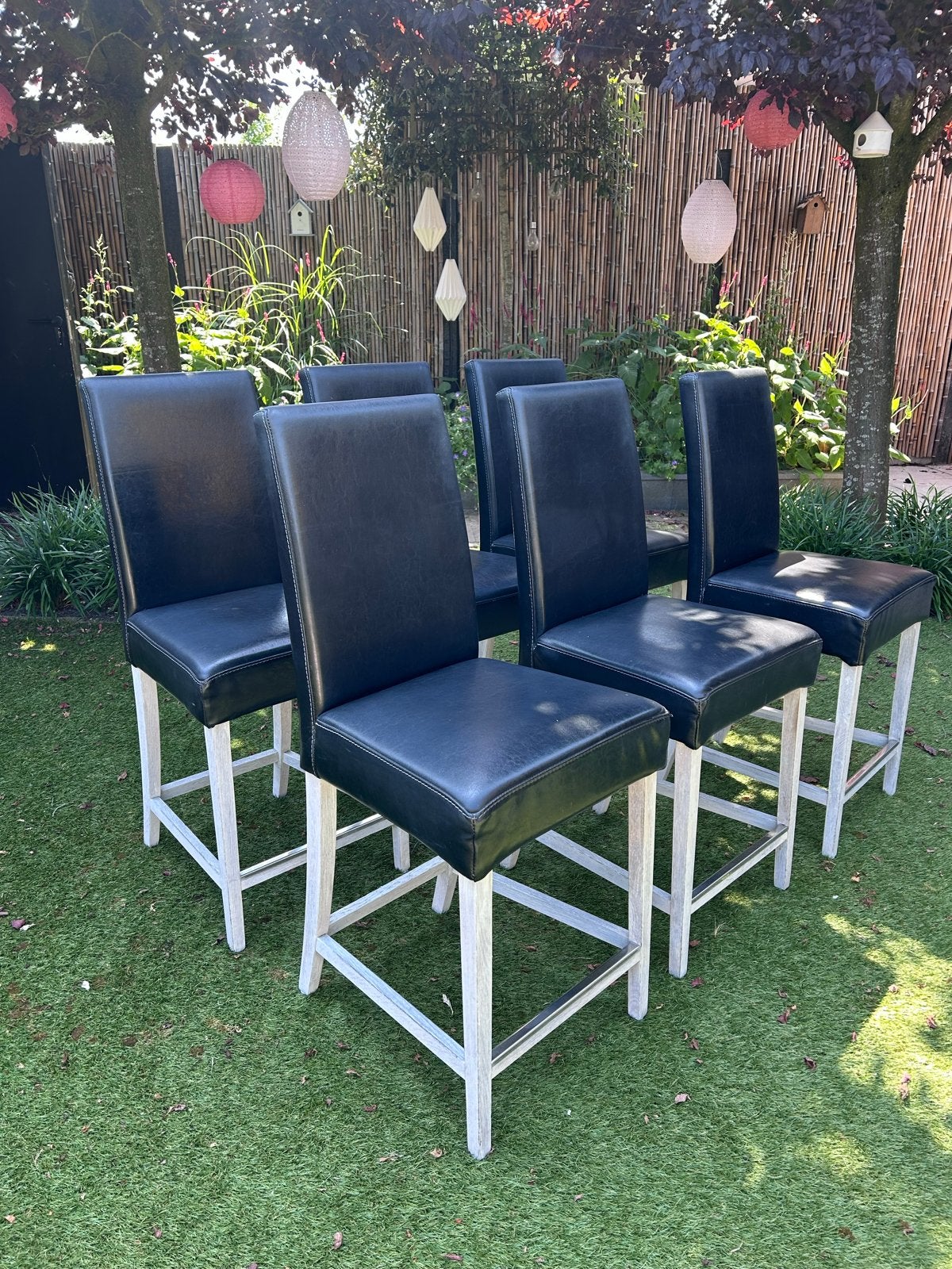6 Zwart leren barstoelen, Ophalen, Met voetsteun, 60 tot 90 cm, Leer