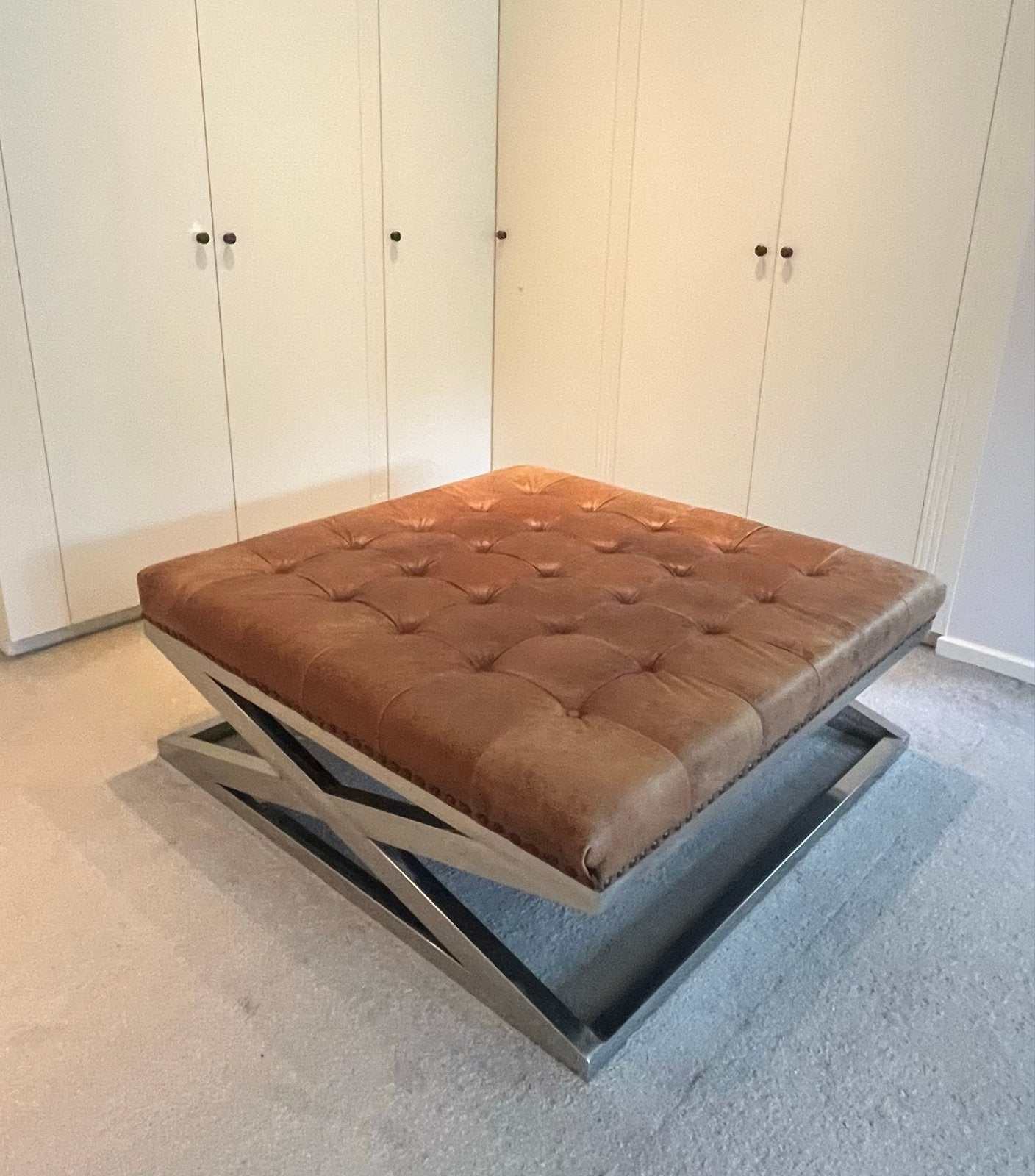 Leren Poef/Voetenbank 120x120 cm - Cognac Bruin, Ophalen, Vierkant, Leer, Zo goed als nieuw