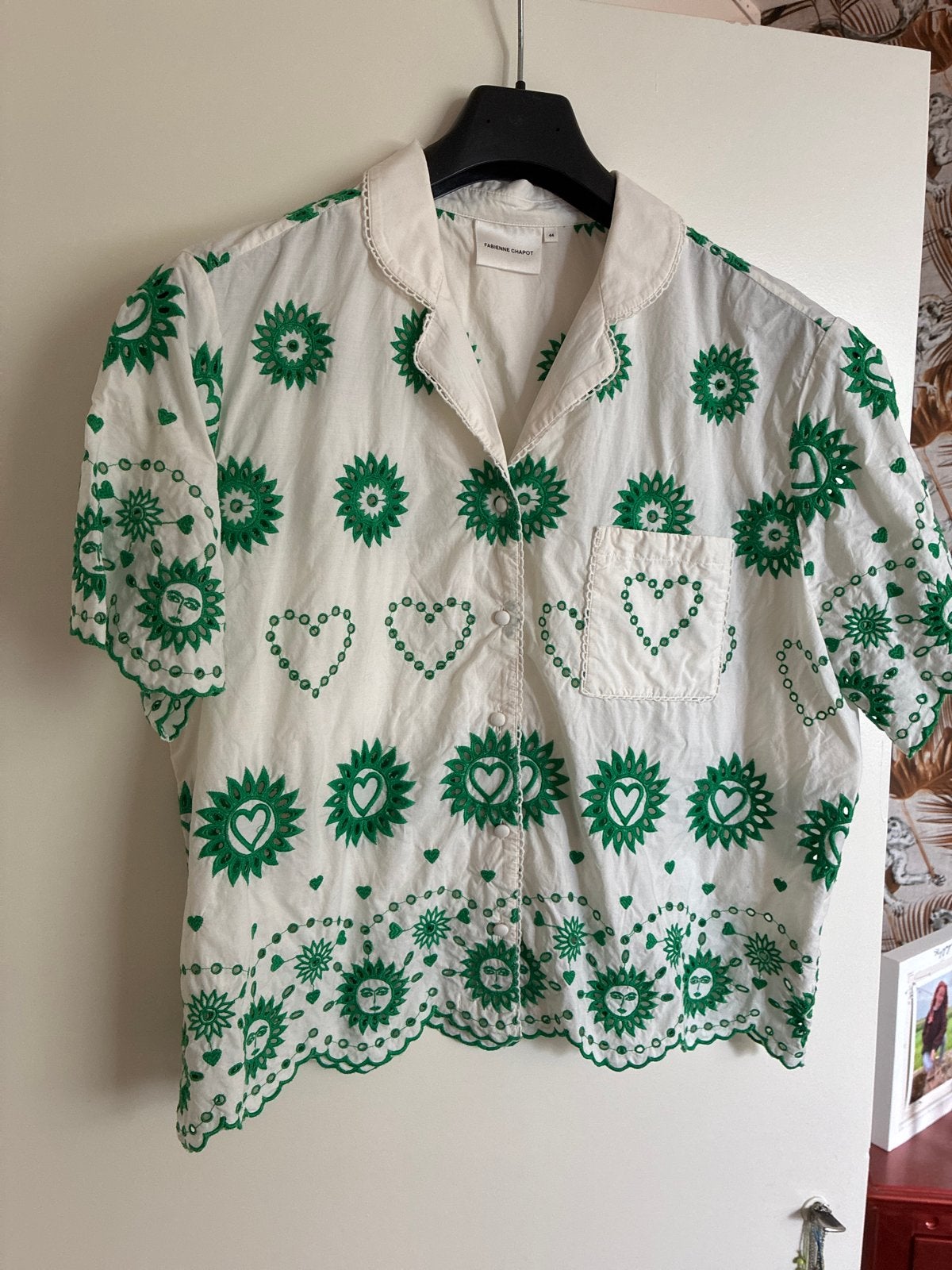Fabienne Chapot blouse met groene borduursels, Ophalen of Verzenden, Zo goed als nieuw, Maat 46/48 (XL) of groter, Wit