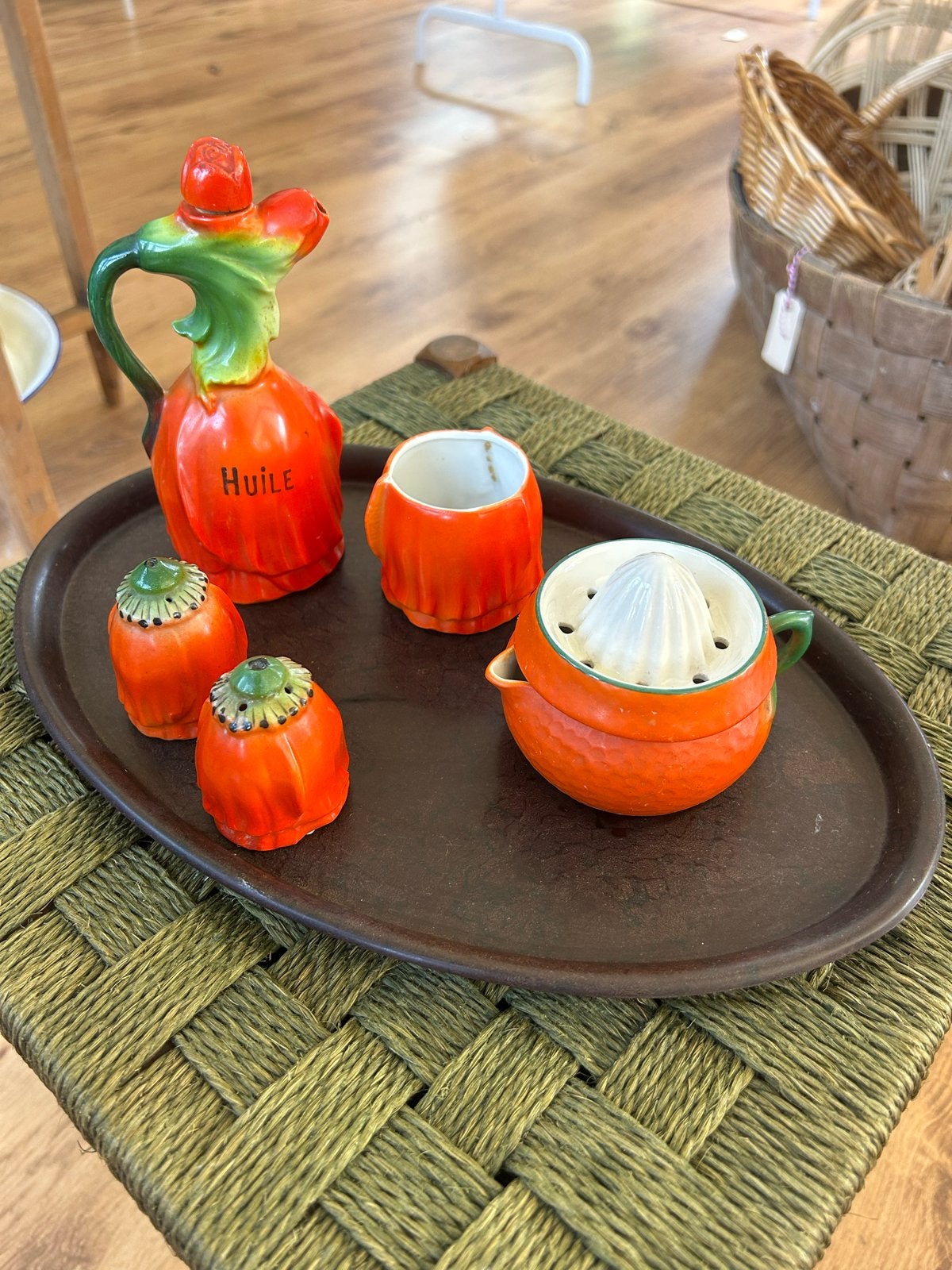 Vintage Oranje Keramische Olijfoliefles met Groen Handvat, Ophalen of Verzenden