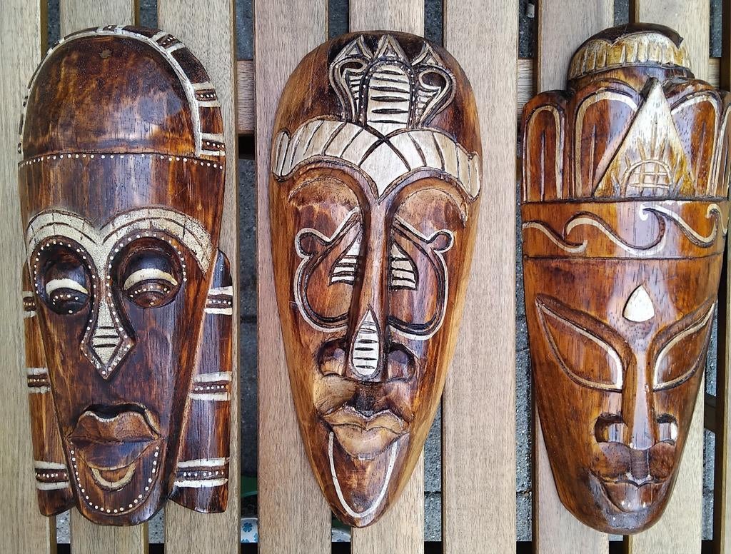 Set van 3 handgesneden Afrikaanse houten maskers, Overige onderwerpen, Houtsnijwerk, Ophalen of Verzenden, 20 - 50 cm