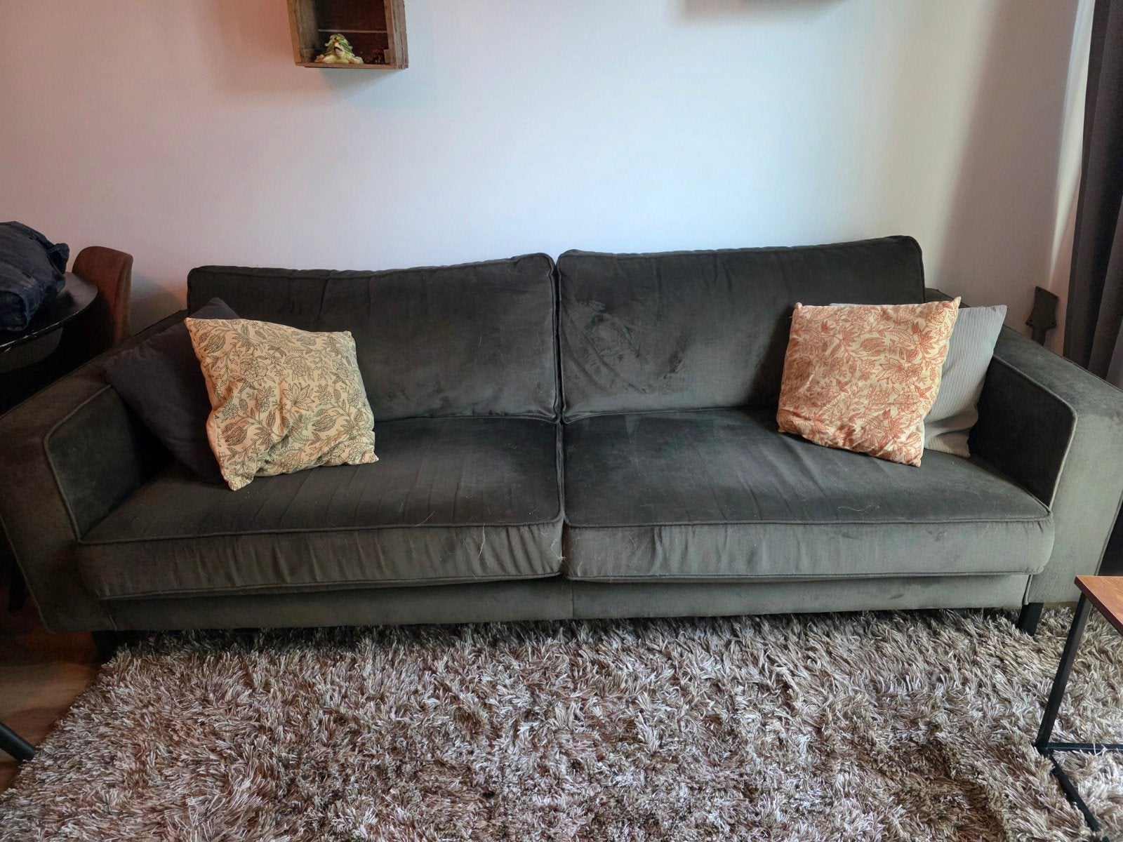 Comfortabele 3-zits bank in donkergroen stof, Ophalen, Gebruikt, Driepersoons, 75 tot 100 cm