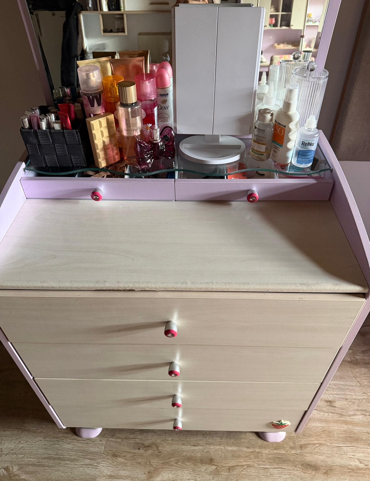 Çilek Kaptafel met Spiegel & Sieradenlade - Roze/Paars/Crème, Ophalen, 50 tot 100 cm, Zo goed als nieuw, 75 – 100