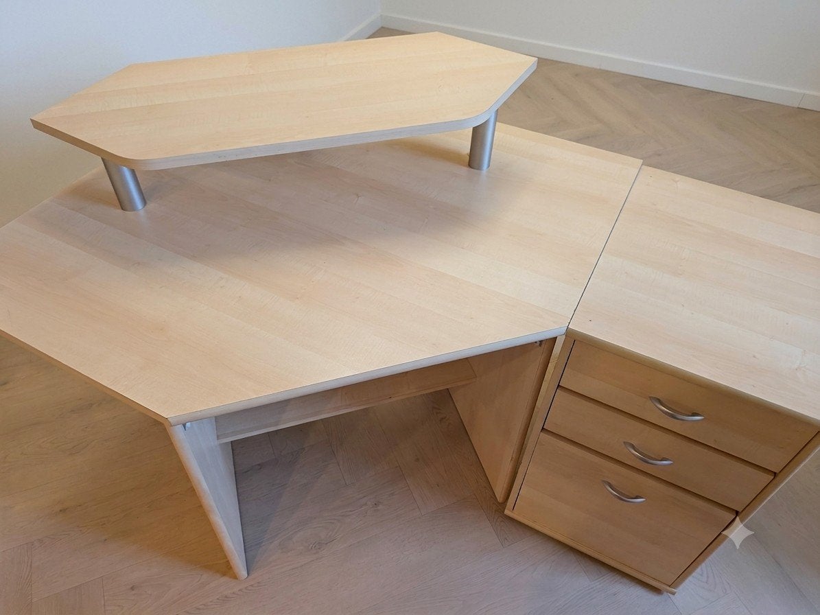 Hoekbureau met lades en opzetstuk - licht hout, Ophalen, Gebruikt, Hout, Hoekbureau