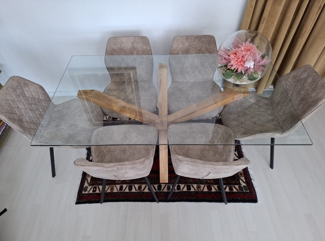 Moderne eethoektafel met glazen blad en houten onderstel, 100 tot 150 cm, Glas, Ophalen of Verzenden, Zo goed als nieuw