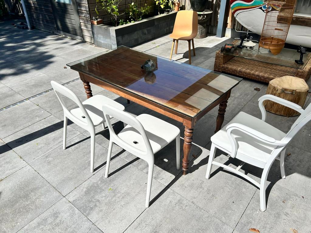 Houten 1830’s eettafel (6 personen) met glazen blad, Ophalen, Gebruikt, 50 tot 100 cm, Vijf personen of meer