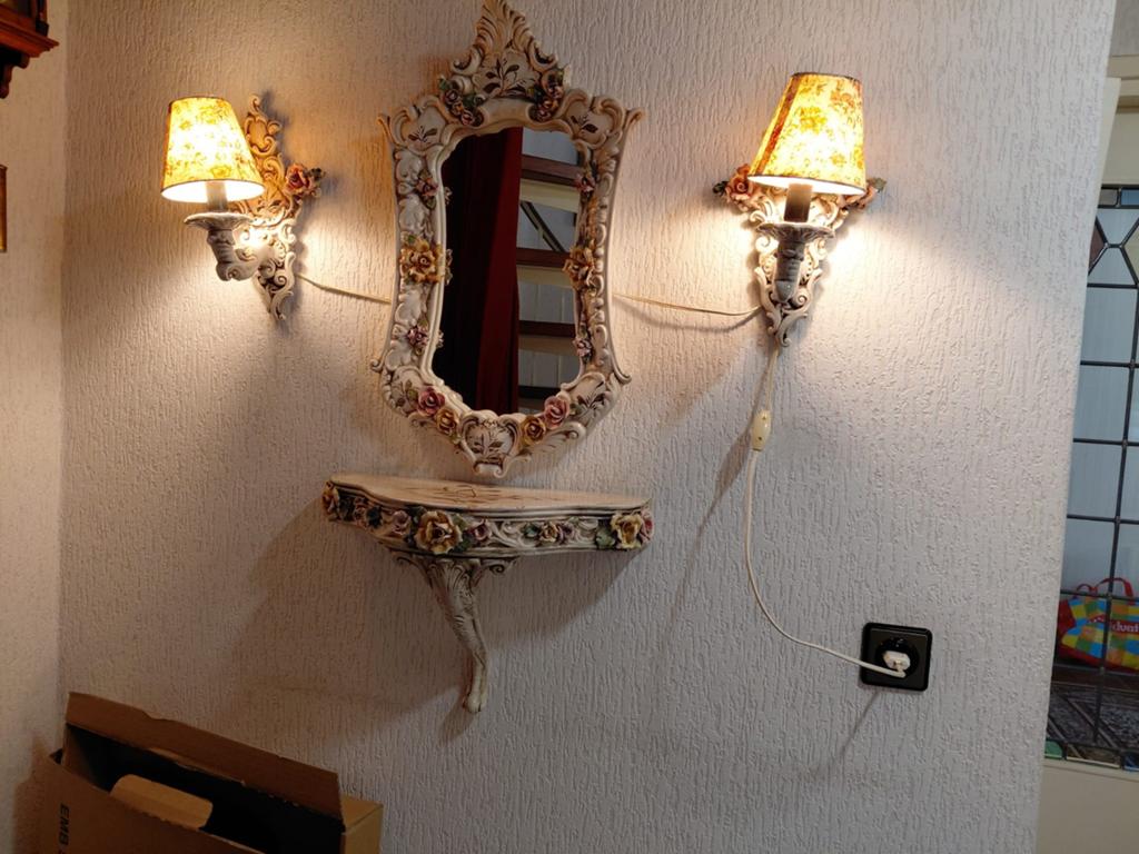 Antieke porseleinen spiegel, planchet en lampen set, Antiek en Kunst, Ophalen of Verzenden