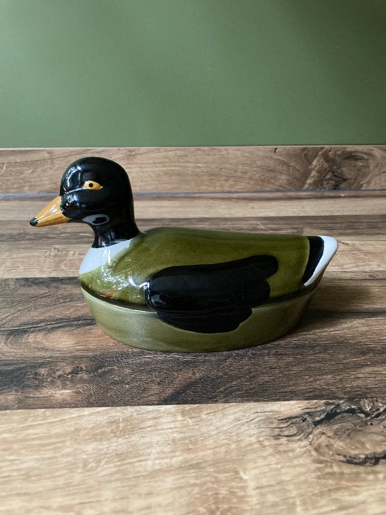 Terrine van Caugant in de vorm van een olijfkleurige eend, Ophalen of Verzenden