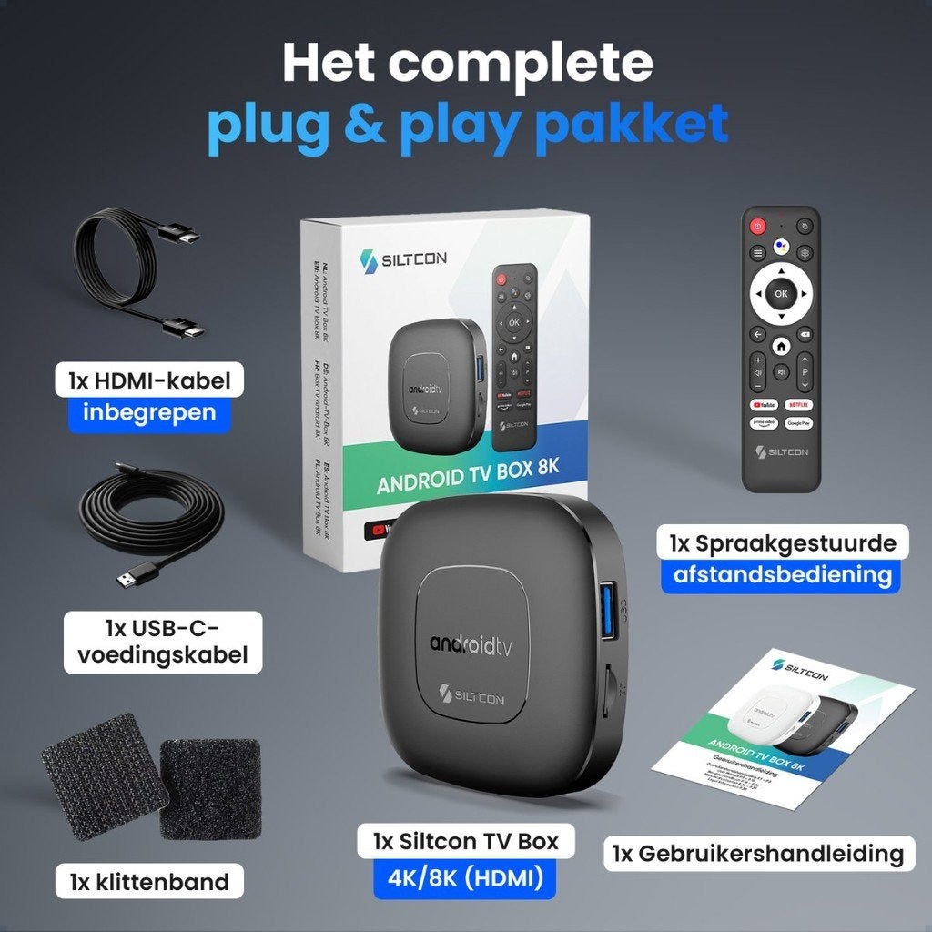 Siltcon Android TV Box 8K - Compleet Plug & Play Pakket, Audio, Tv en Foto, Ophalen of Verzenden, Nieuw, HDMI, Zonder harde schijf