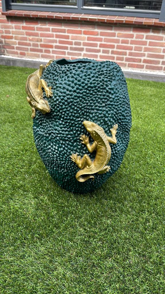 Kare design vaas donkergroen met gouden salamanders, Ophalen, Zo goed als nieuw, Overige merken