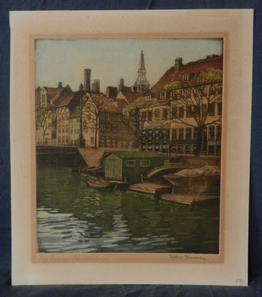Kleurets Børnehusbroen Brug Kopenhagen Hans Kruuse 24,7x21,3, Gesigneerd, 25 cm, Stadsgezicht, Ophalen of Verzenden