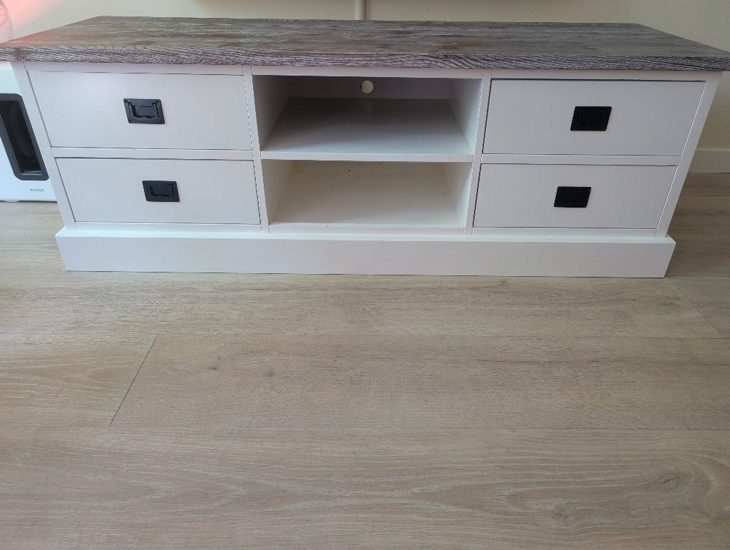 TV-meubel landelijk wit | Steigerhout look blad | 145 cm, Ophalen, Gebruikt, 100 tot 150 cm, Landelijk