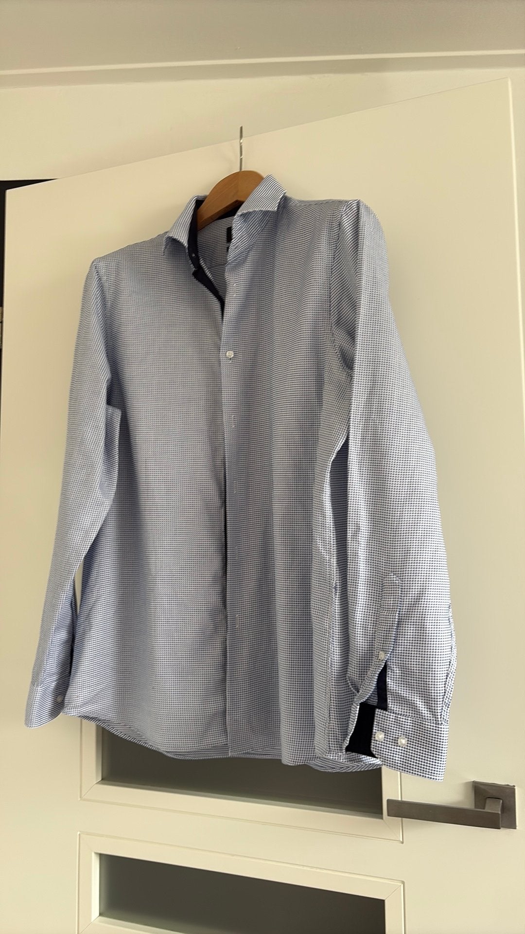 Chique overhemd WE maat 43 geblokt, Ophalen of Verzenden, Zo goed als nieuw, Blauw, Halswijdte 43/44 (XL)