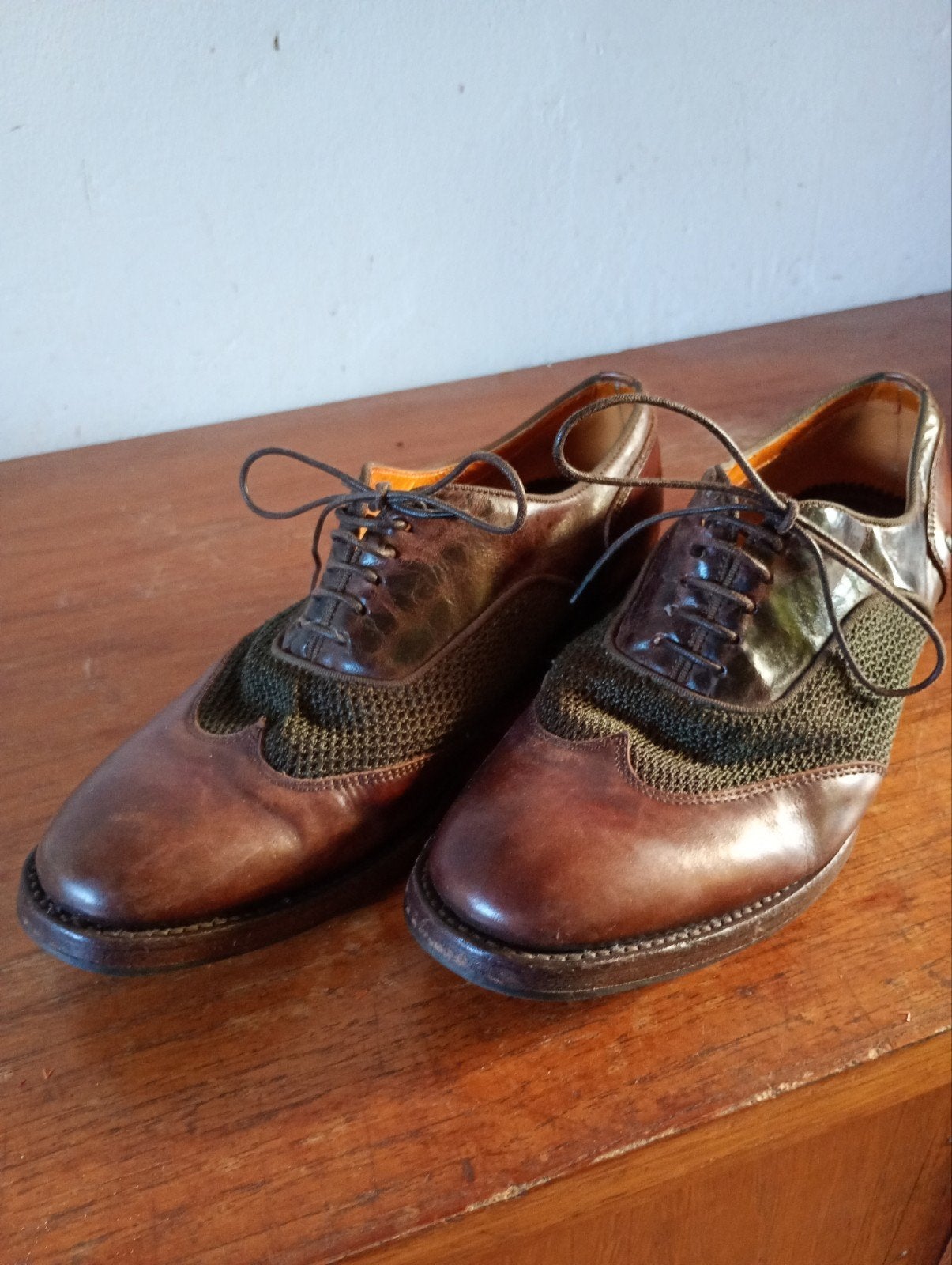 Vintage bruine leren veterschoenen met mesh details, Ophalen of Verzenden