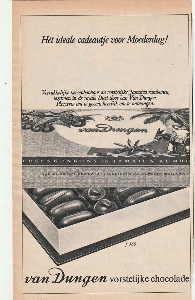 retro reclame 1966 Van Dungen chocolade doos met bonbons, Verzamelen, Retro, Verzenden, Overige typen