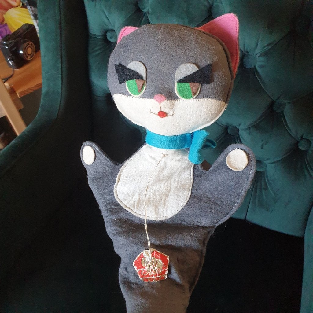Kat poes handpop vintage Tsjechisch vilten poppenkastpop, Gebruikt, -, Ophalen of Verzenden, Tsjechie