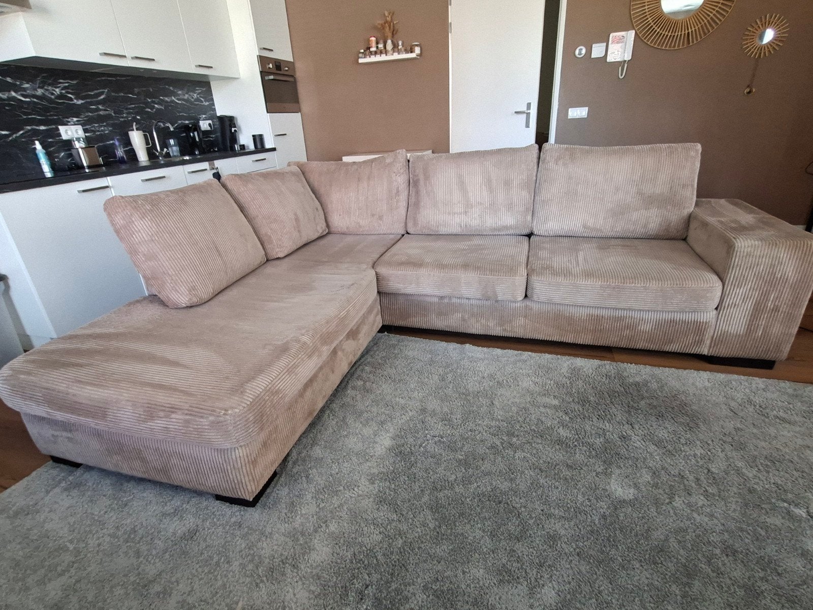 Roze Taupe hoekbank - kan nog een ronde mee, Ophalen, Gebruikt, Stof