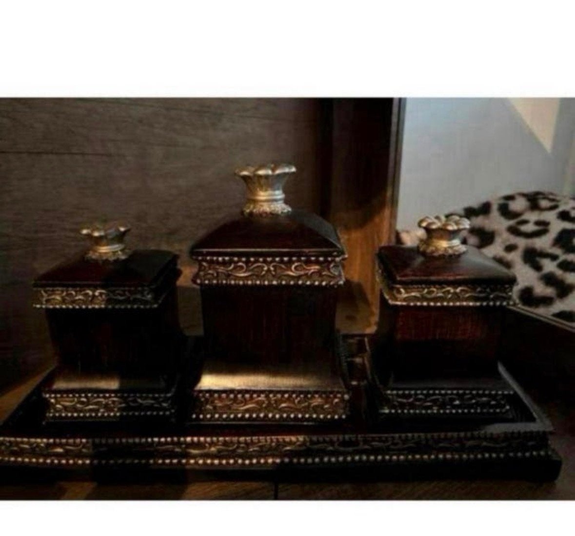 Decoratieve houten potjes set met dienblad, Hout, Gebruikt, Ophalen of Verzenden, Klassiek
