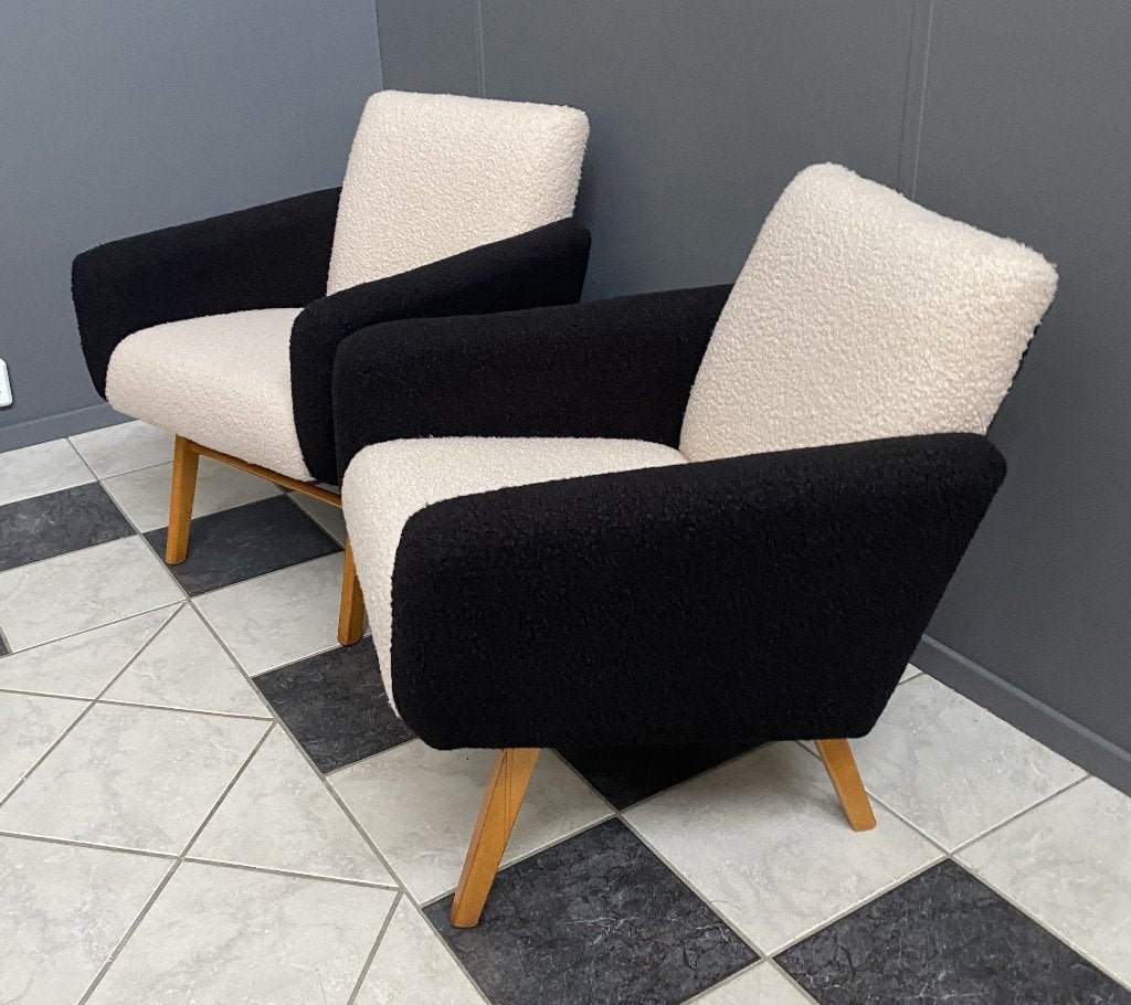 60 jaren set Jitona fauteuils zachte bouclé stof zwart & wit, Ophalen, Hout, Minder dan 75 cm, Vintage