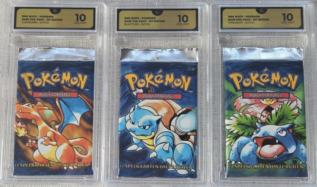 Pokémon Base Set 1st Edition NL Booster Trio  GG10 Gem Mint, Ophalen of Verzenden, Nieuw, Booster