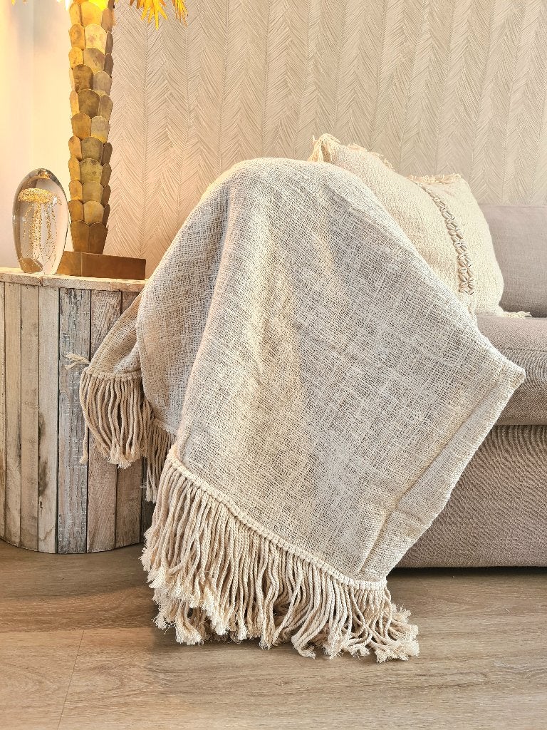 Plaid beige Sabar uit Bali, Katoen, 130 cm, Beige, 200 cm