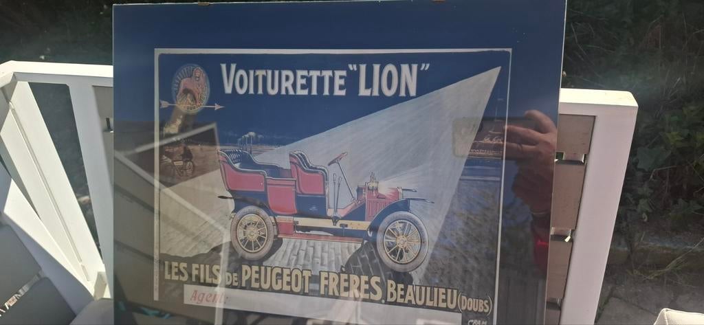 Vintage Peugeot Reclame Affiche "Voiturette Lion" in Lijst, Ophalen, Gebruikt, Reclamebord