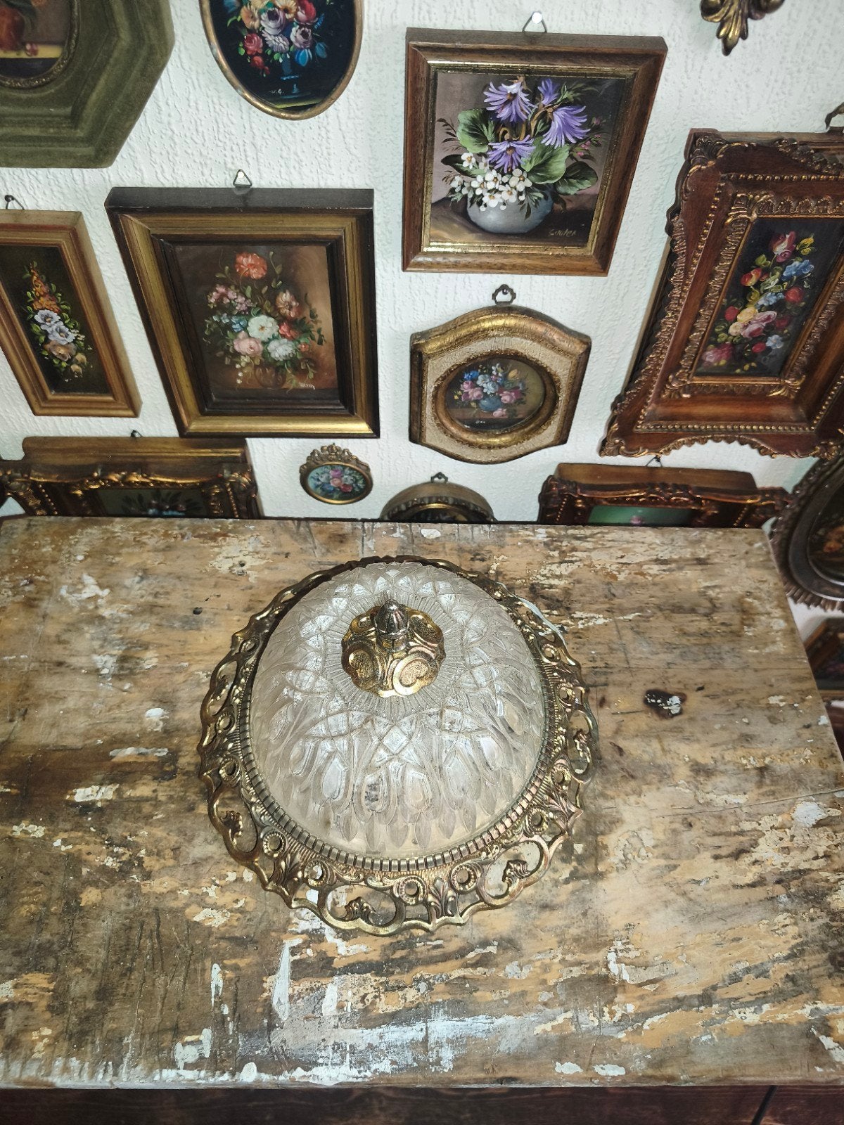 Oude messing kleurige franse plafondlamp plaffoniere W52, Ophalen of Verzenden