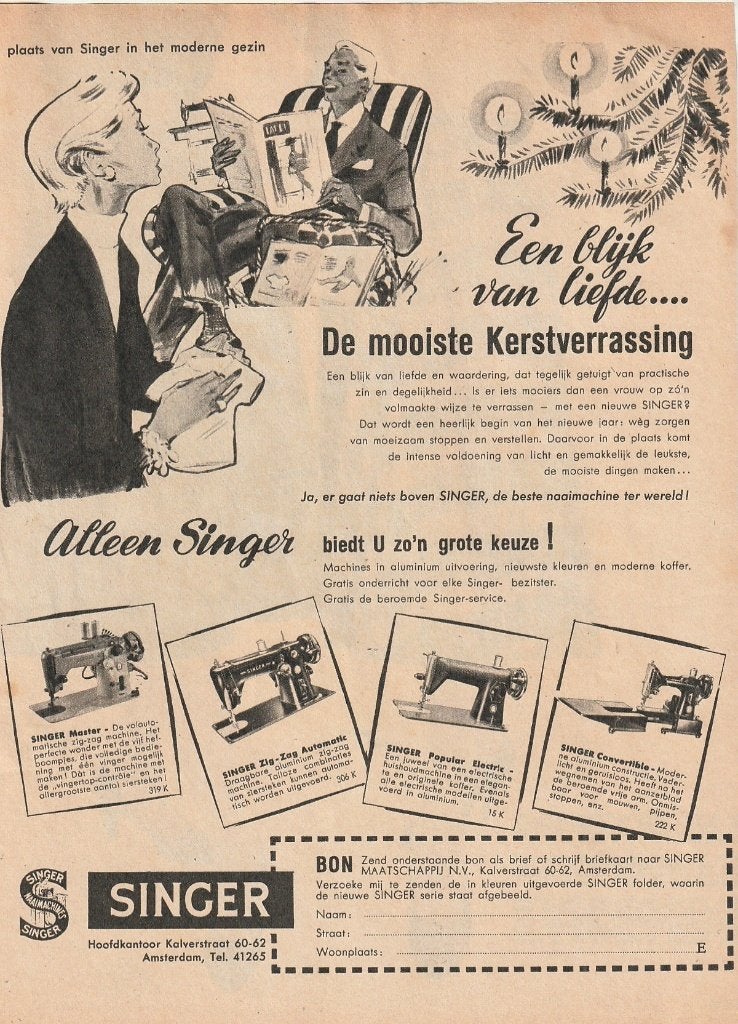 retro reclame 1956 Singer naaimachine met Kerstmis, Verzenden, Overige typen