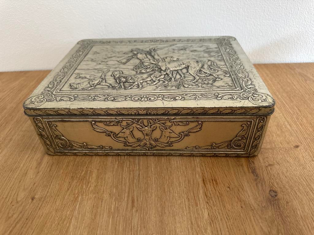 Vintage zilverkleurige blikken doos met jachttafereel, Verzamelen, Blikken, Ophalen of Verzenden, Zo goed als nieuw, Overige
