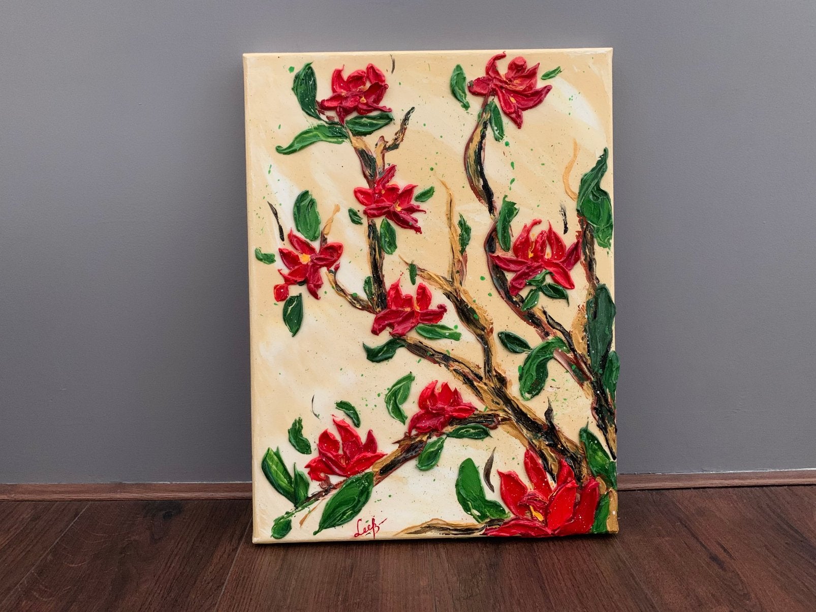 Rode magnolia schilderij 40  30 cm Acryl Gelakt Handgemaakt, Antiek en Kunst, Ophalen of Verzenden