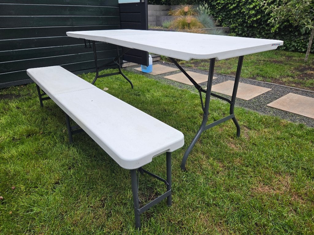 Picknicktafel met bank, Tuin en Terras, Ophalen, Gebruikt, Aluminium, Inklapbaar