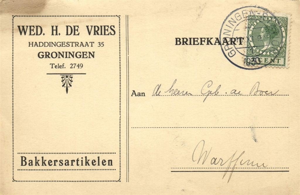 Wed. H. de Vries, Groningen - 11.1930 - briefkaart, Ophalen of Verzenden, Briefkaart