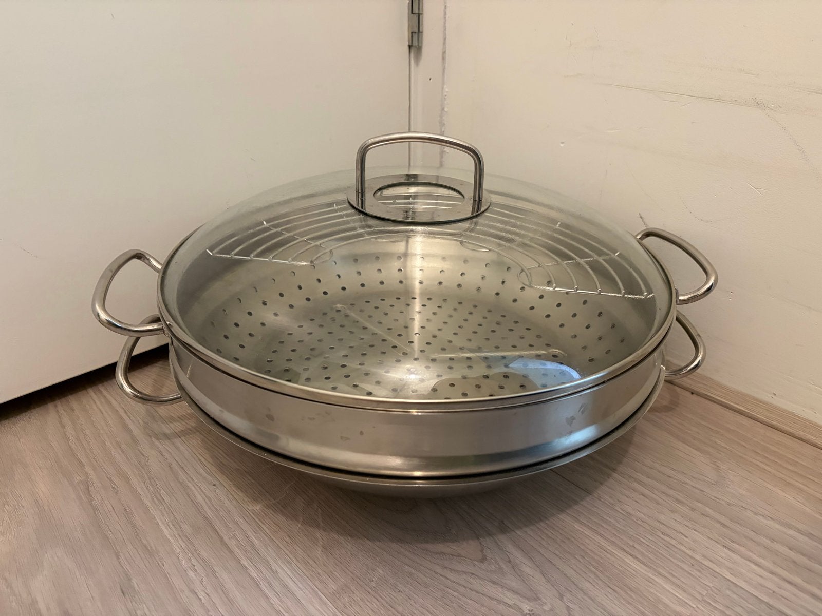 Fissler Roestvrijstalen stoompan met glazen deksel, Huis en Inrichting, Keuken | Potten en Pannen, Ophalen, Met deksel, Zo goed als nieuw
