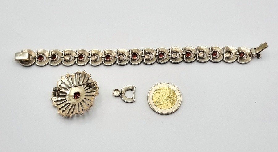 553. Zilveren armband, broche - granaat, markasiet, ca.1980, Ophalen, Zilver