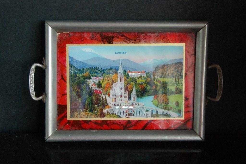 Oud brocante Lourdes dienblad / dienblaadje met parelmoer, Antiek en Kunst, Verzenden