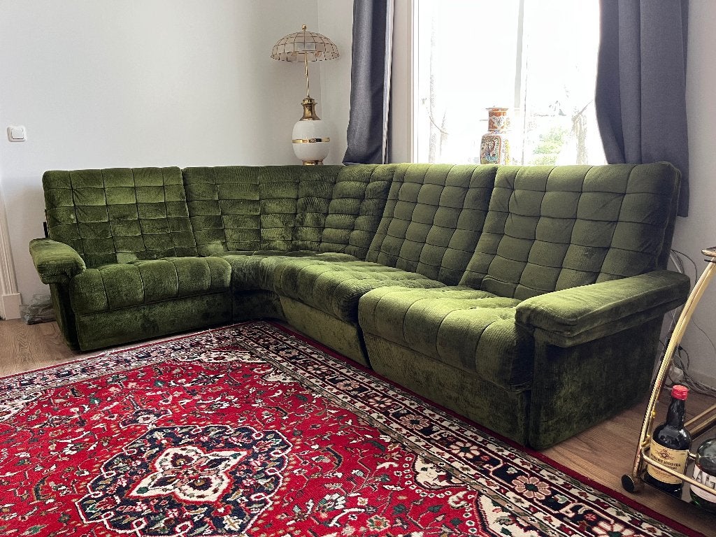 Vintage jaren 70 modulaire hoekbank + fauteuil in olijfgroen, Ophalen, Gebruikt, Hout, Vintage jaren ‘70 modulair