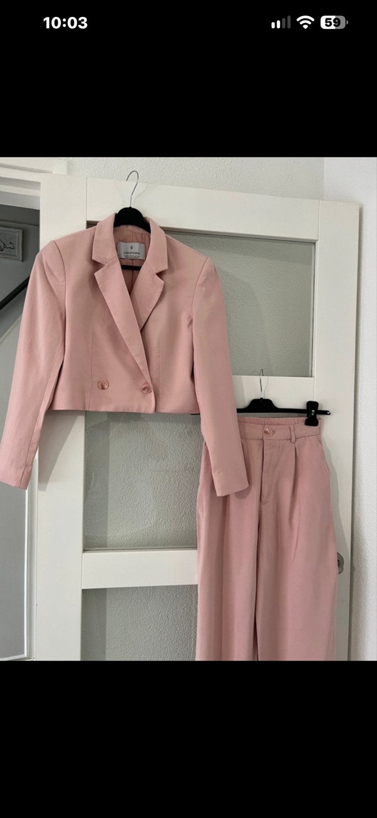 Stradivarius roze cropped blazer en pantalon set, Kostuum of Pak, Ophalen of Verzenden, Zo goed als nieuw, Roze