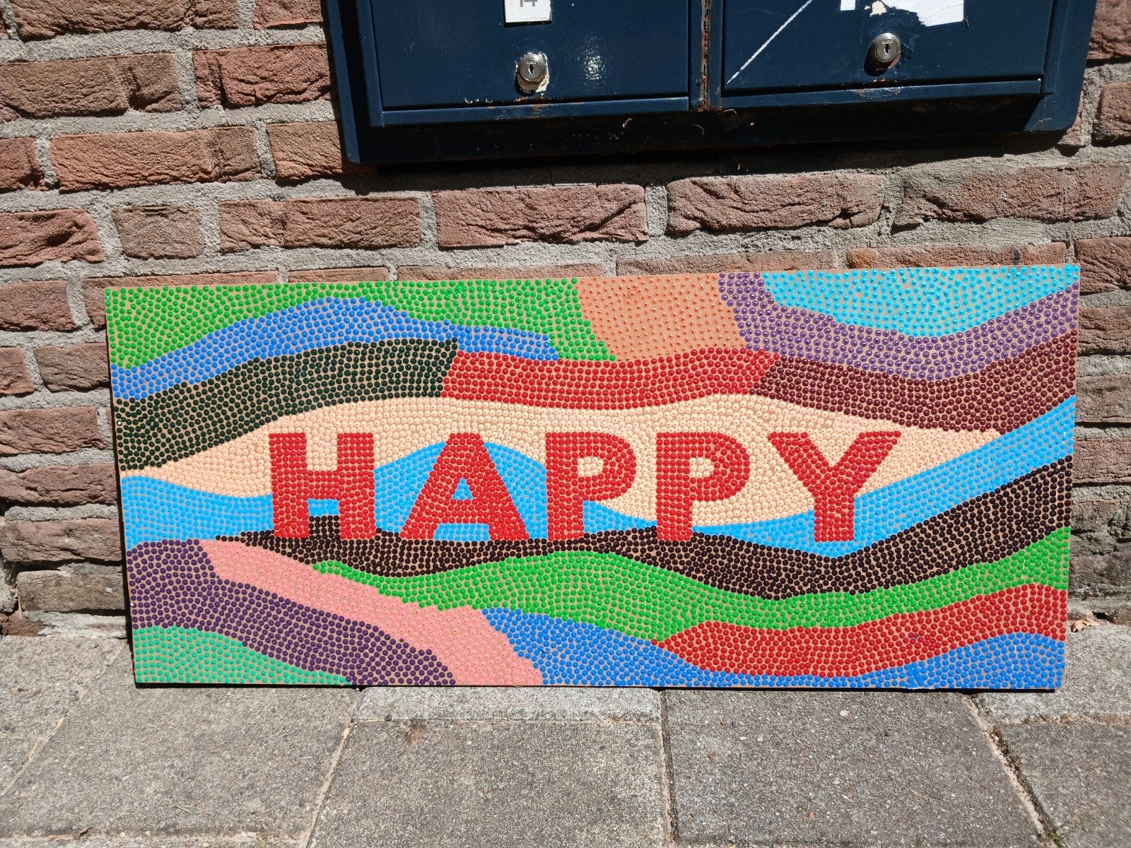 Uniek handgeschilderd 'Happy' schilderij met acrylverf, Ophalen, Handgeschilderd, Acrylverf
