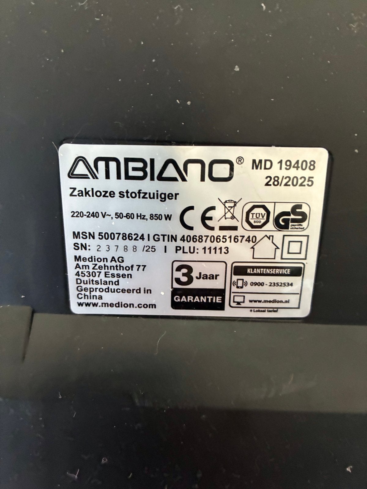 Ambiano Zakloze Stofzuiger MD 19408 - 850W, Ophalen, Gebruikt, Sledestofzuiger, Minder dan 1200 watt