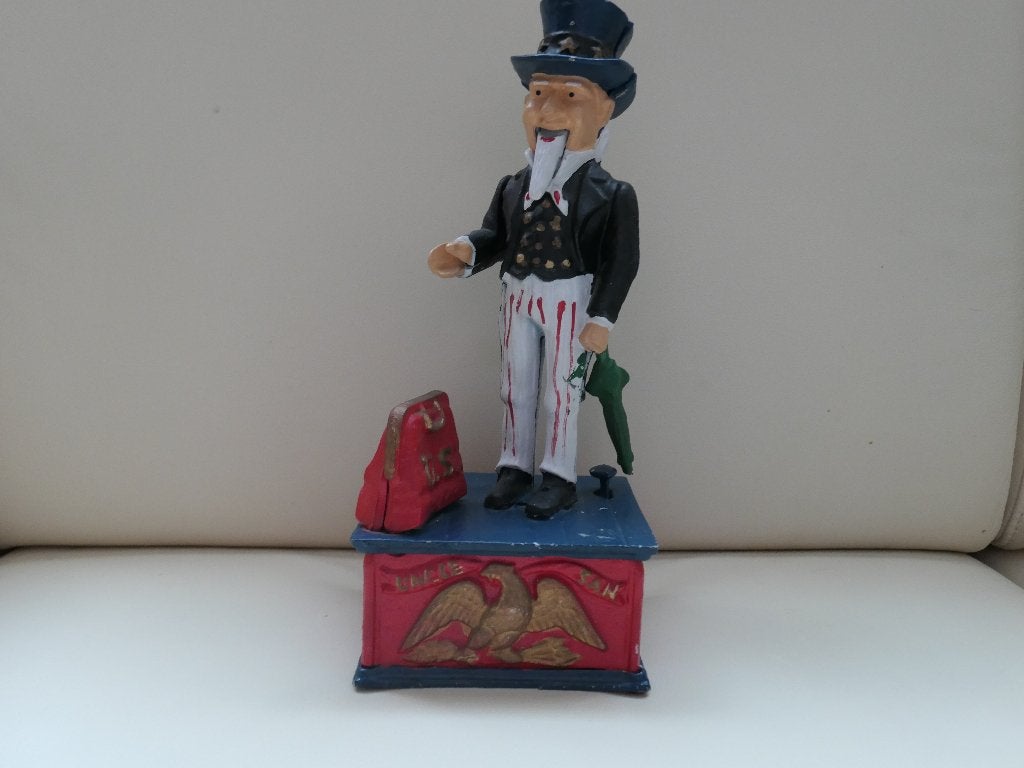 spaarpot antiek gietijzer uncle sam, Verzamelen, Spaarpotten, Gebruikt, Overige thema's, Metaal of Blik, Ophalen