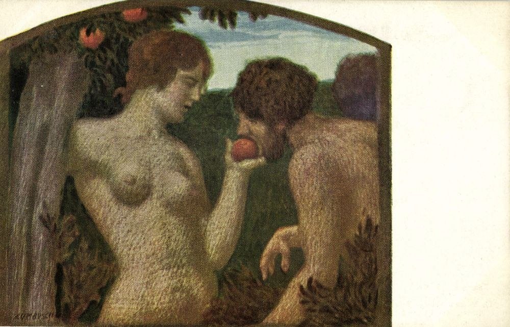 Schilderij Ludwig von Zumbusch, Naakte Eva geeft Adam Appel, Verzamelen, Ophalen of Verzenden, Voor 1920, Ongelopen, Overige thema's