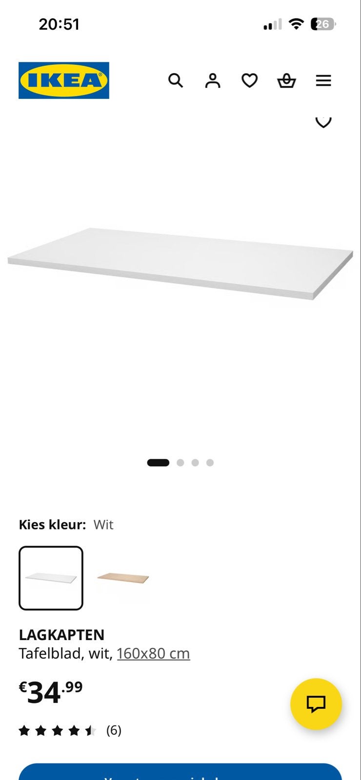IKEA LAGKAPTEN Tafelblad Wit 160x80 cm, Ophalen, Overige materialen, Gebruikt, 50 tot 100 cm