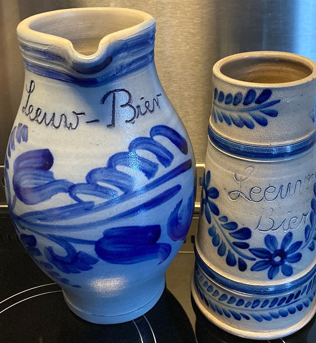 2x Brouwerij Leeuw Bier Keulse pot kannen Prijs staat tekst, Ophalen, Gebruikt, Overige merken