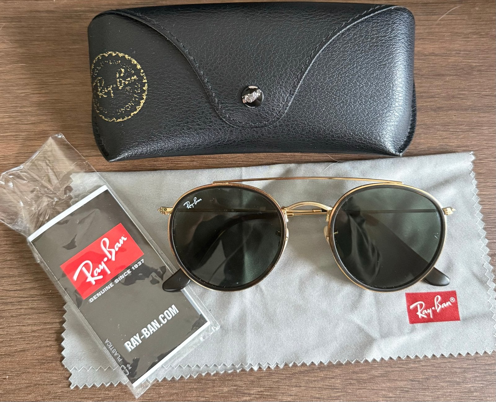 Ray-Ban Round Double Bridge Zonnebril Goud/Zwart, Zonnebril, Ophalen of Verzenden, Zo goed als nieuw, Ray-Ban