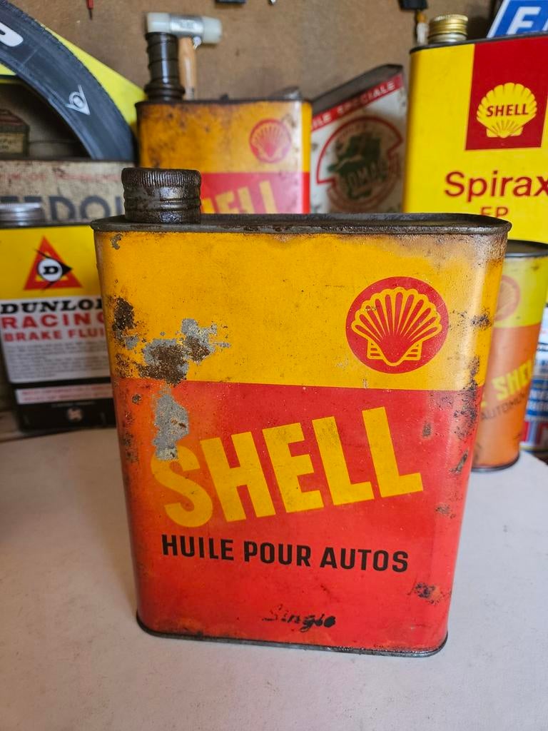 Vintage Shell Olieblik Huile Pour Autos single Shell, Ophalen of Verzenden, Gebruikt, Verpakking