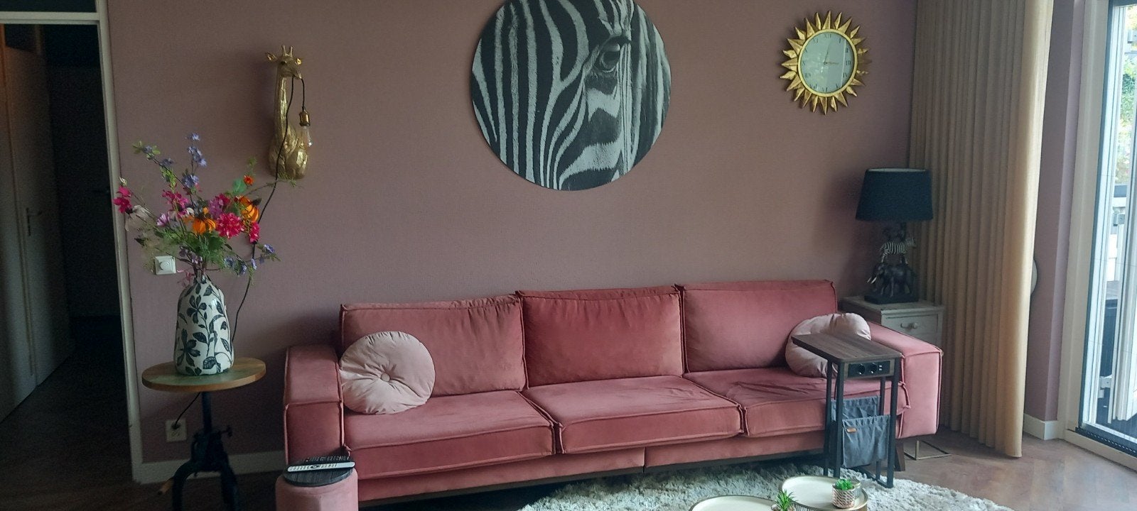 NOUS living Verona 4-zitsbank - Roze velours, Ophalen, Hout, 250 tot 300 cm, 75 tot 100 cm