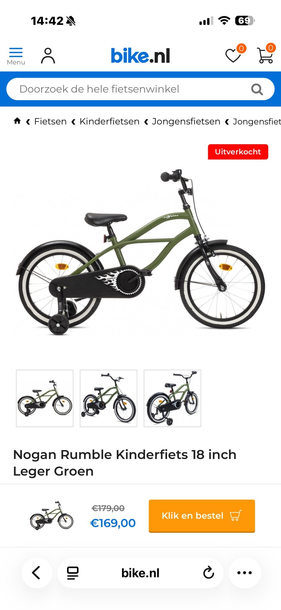 Nogan Rumble Kinderfiets 18 inch Leger Groen NIEUW, Ophalen, Nieuw, 16 tot 20 inch, Zijwieltjes