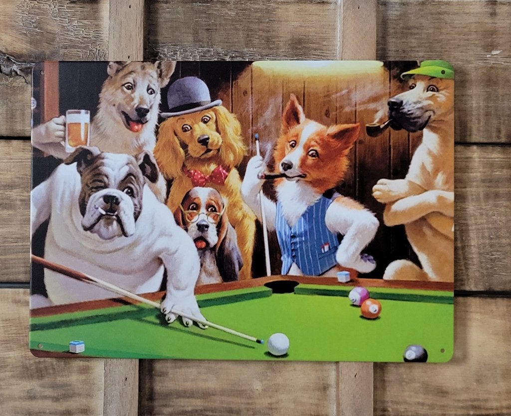 Honden spelen pool biljart reclamebord van metaal wandbord, Info@deconoord.nl, Deco Noord, Nieuw, Ophalen of Verzenden